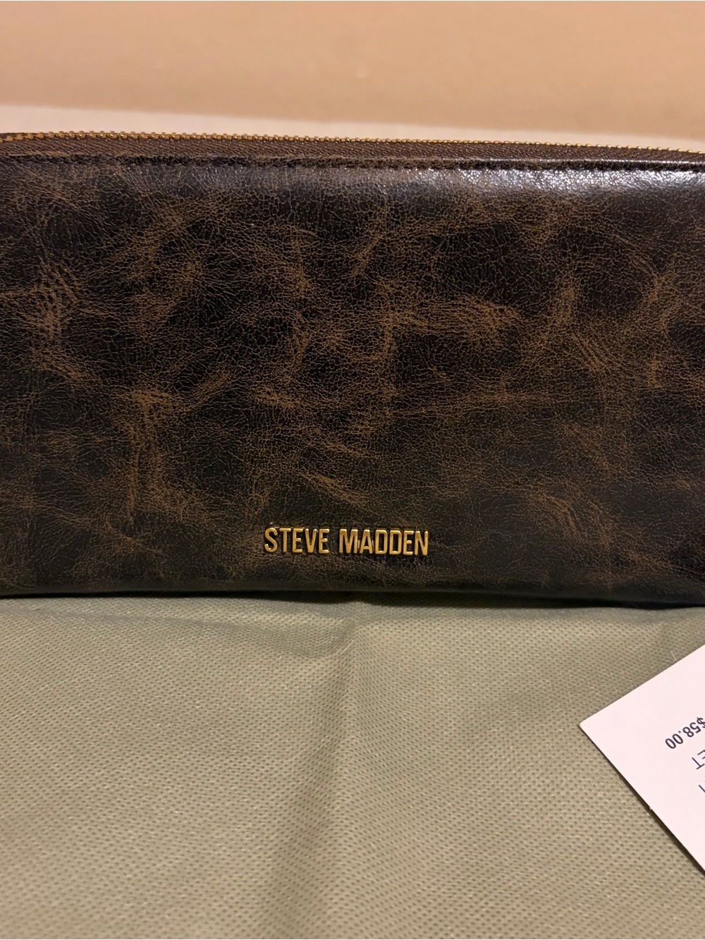 Steve Madden Dark Brown Zip-Around Wallet with Gold Logo